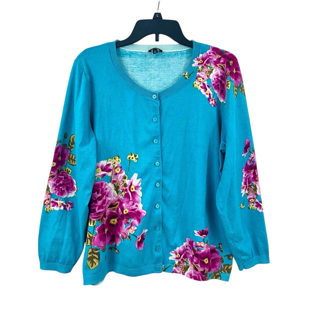 Talbots Turquoise Teal Blue Magenta Tropical Floral Blossom Cardigan Sweater